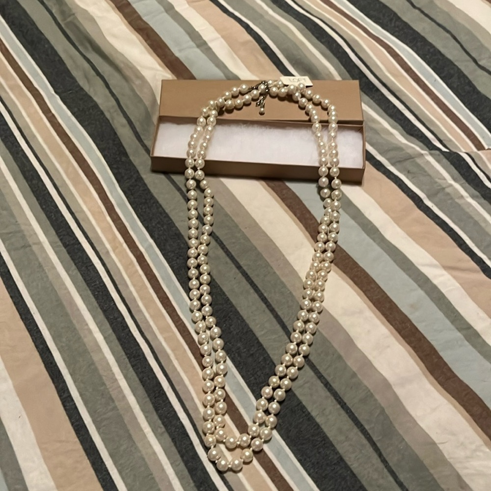 Loft Classic Long Faux Pearl Necklace, Silvertone clasp - NWT, 68” end to end.